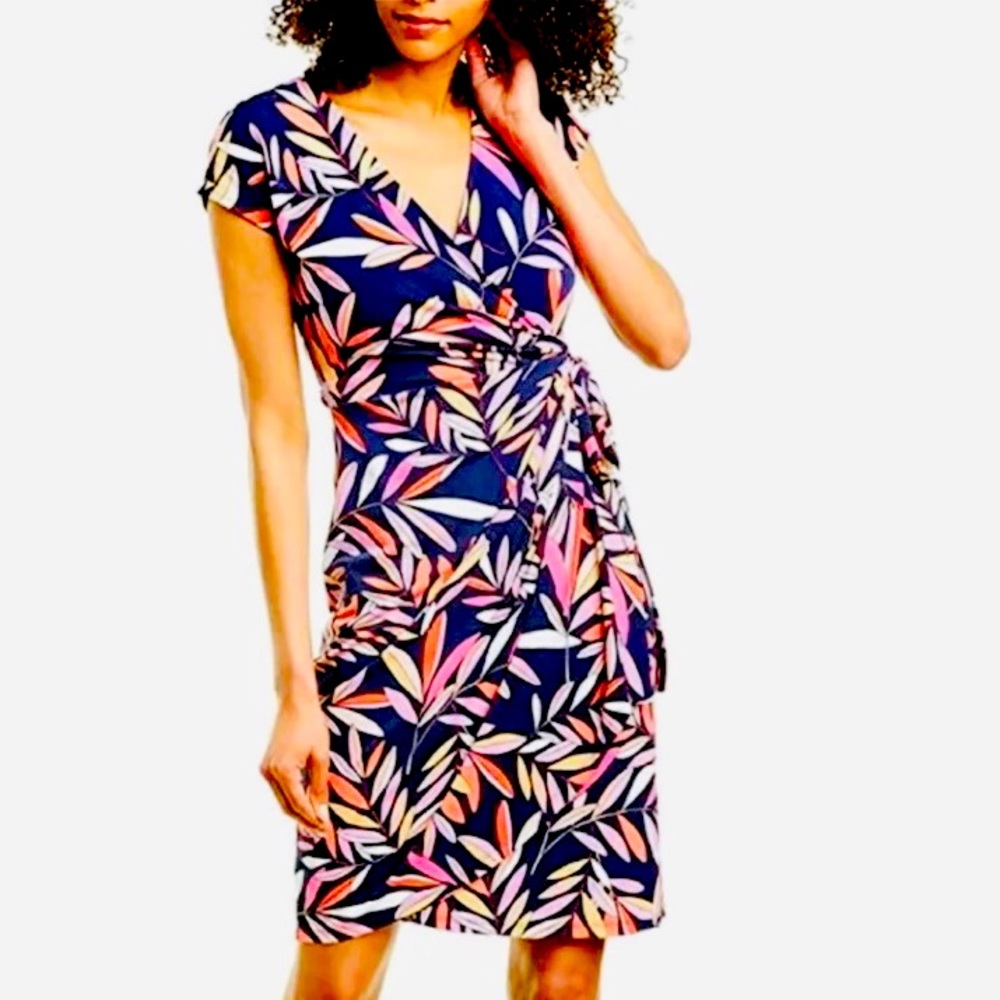 Maggy London Navy Fiesta Leaf Print Wrap Dress
